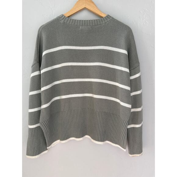 Sincerely Jules Boxy Knit Sweater, 100% Cotton, Neutral Green w/ Cream Stripes - Picture 4 of 6